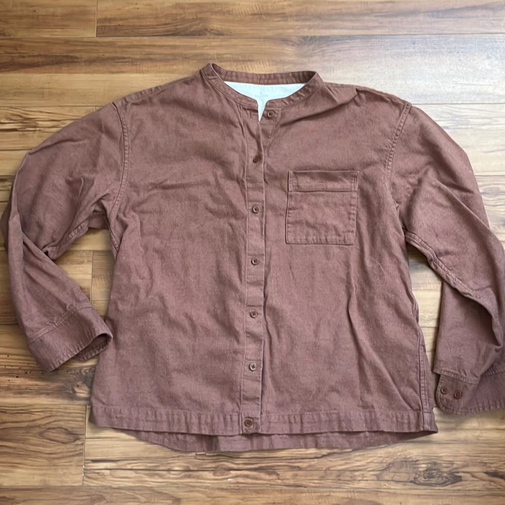 MUJI womens collarless flannel Oxford shirt button down large brick red blouse